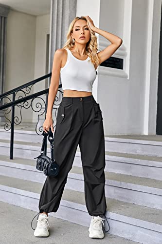 Karlywindow Womens High Waist Casual Wide Leg Pants Hiking Cargo Pants Straight Long Trousers Sweatpants Streetwear Black #TOP4