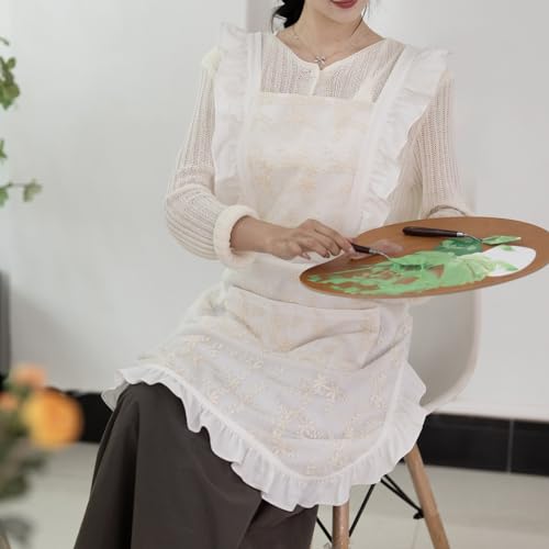 Pinknoke Vintage Pinafore Apron Dress for Women with Pockets Cute Floral Chef Aprons for Kitchen Cooking Baking Gardening (White) - Thumbnail 6