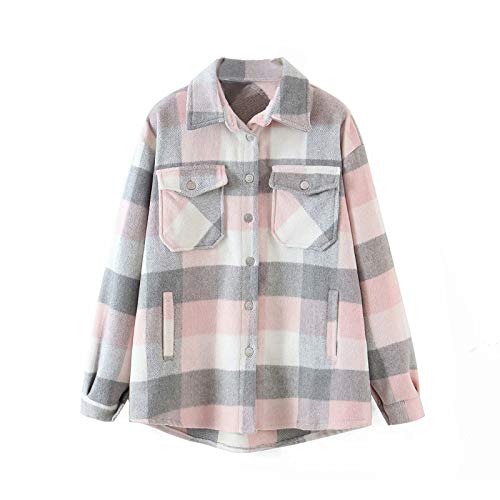 MINASAN Damen Kariertes Taschen Knöpfen Langarm Oversize Bluse Mantel...