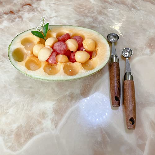 Qxbekmor Melon Baller Stainless Steel With Wooden Handle, Fruit Spoons In Two Size, Brown #TOP6