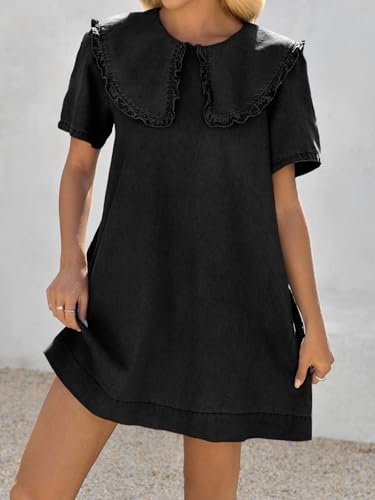 Wenrine Womens Summer Denim Mini Dress Oversized Peter Pan Collar Short Sleeve Casual Flowy Babydoll Jean Dresses3