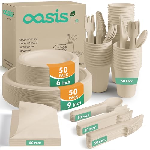 OasisSN 350PCS Disposable Paper Dinnerware Set for 50 Guests, Compostable Includes 50 Each 6" Dessert Plates, 9" Dinner Plates, Cups, Spoons, Forks, Knives and Napkins, Ideal for Parties (Natural)