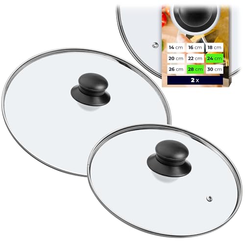 KADAX Set di coperchi in vetro, diametro 14-30 cm, coperchio resistente al calore per pentole, padelle, coperchio con manico in plastica, coperchio universale (24 + 28 cm)