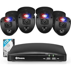 SWANN 1080P Video 8 Channel DVR Security Camera System, 1TB Hard Drive, 4 Indoor/Outdoor Cameras with Audio, Wired CCTV Home Surveillance, Color Night Vision, SwannForce LED Lights & Sirens, 846804SLB