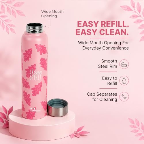 Image of The Better Home Stainless Steel Water Bottle 1 Litre | Leak Proof, BPA Free, Rust Proof | Printed Sipper Bottle for Office, Gym, School, Travel, Kids & Adults | Free Spirit Quote | Pink