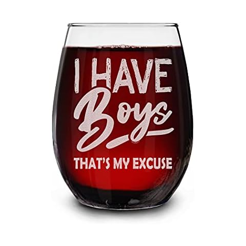 shop4ever® I Have Boys That’s My Excuse Engraved Stemless Wine Glass Boy Mom Glass Cover
