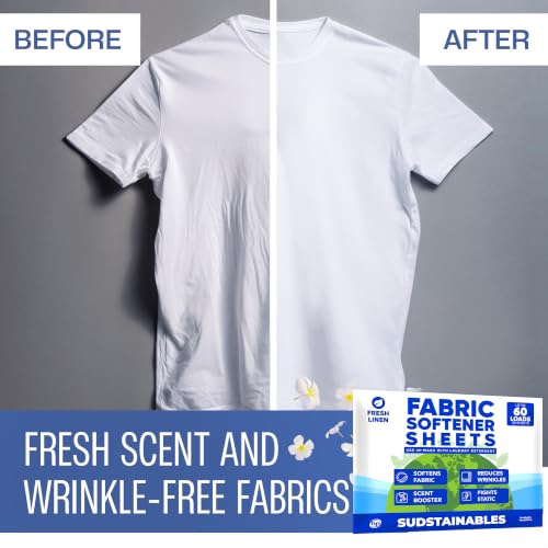 Image of Sudstainables Fabric Softener Sheets for Washer, Fresh Linen, 60 Loads | Softens fabrics, reduces static cling and wrinkles, compatible with all washing machines and dryers.
