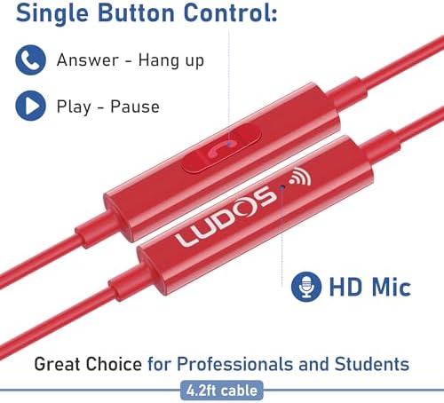 LUDOS Zenith Wired Earbuds in-Ear Headphones, 5 Year Warranty, Earphones with Microphone, Corded for 3.5mm Jack Ear Buds for iPhone, Samsung, Computer, Laptop, Kids, School Students, Woman - Red - 3