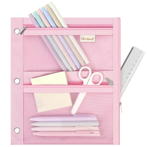 Gorsbark 3-Ring Binder Pencil Pouch Zipper Organizer with 3 Compartments Mesh Window & Metal Grommets Durable Oxford Pen Case for School Office Supplies Pink