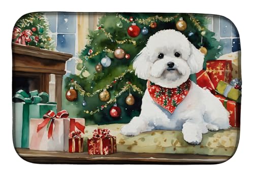 Caroline's Treasures DAC2611DDM Bichon Frise Cozy Christmas Dish Drying Mat Absorbent Dish Drying Mat Pad for Kitchen Counter Dish Drainer Mat for Countertop, 14 x 21", Multicolor