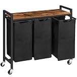 HOOBRO Laundry Basket 3 Compartments, Laundry Sorter 3 × 40 L, Laundry Hamper with Lid, Laundry Trolley on Wheels, Washing Baskets for Bathroom, Bedroom, Rustic Brown and Black EBF38XY01G1