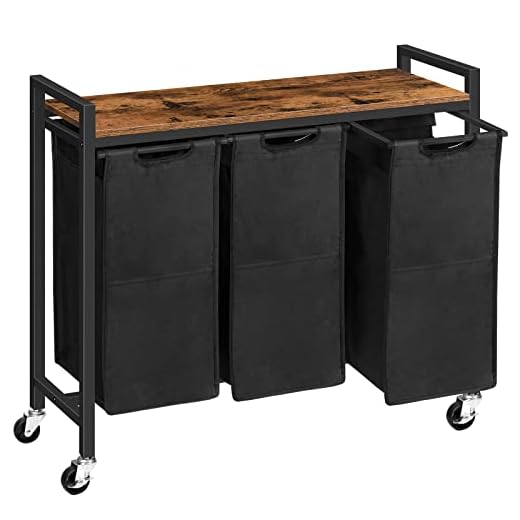 HOOBRO Laundry Hamper, Laundry Sorter 3 Section, Laundry Basket with Wheels, 3 × 10.5 Gal (39.8L), Rolling Cart, Pull-Out and Removable Oxford Fabric Laundry Bags, Rustic Brown and Black BF38XY01G1