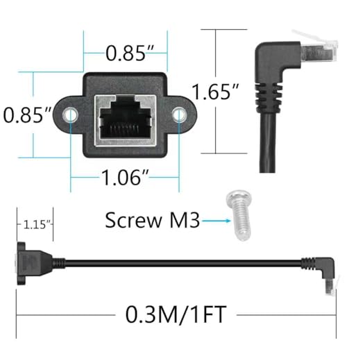 Cat6 Ethernet Verlängerungskabel 1FT, 90 Grad Oben Winkel RJ45 männlich zu weiblich Ethernet Panel Mount mit Schraube Verlängerung abgeschirmtes Kabel, Kompatibilität Cat5e, Cat5, für PC usw