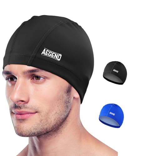 Aegend Fabric Swim Cap, Silicone Waterproof Layer - Breathable Cloth Swimming Cap, Keep Hair Dry with Hight Elasticity for Youth(8-16) Adult, 2 Sizes to Choose (2 Pack-Black & Blue, L)