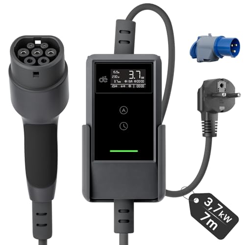 dé Ladekabel Elektroauto Typ 2 Schuko 3,7kW [7m, 6-16A] EV Charger Mit Kabelhalter und digitalem LCD - EV Ladegerät für e Auto Model 3/Y, ID.3/4/5, MG4, Q4, GLA, Zoe und Anderen PHEV/EV