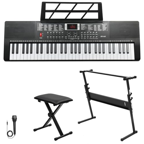 Bonnlo GEP-110S01 Piano Numérique 61 Touches, Clavier avec Support et Tabouret de Piano, Haut-Parleurs Intégrés, Casque, Microphone, Pupitre, écran LED, 3...