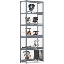 MoNiBloom 5-Tier Clear Display Case for Figures, 65.5" High Showcase Display Cabinet with Flip Acrylic Doors, Bamboo Tall Liquor Storage Cabinet Floor Standing Transparent Showcase for Entryway, Grey