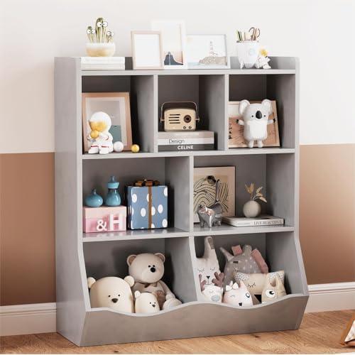 GarveeHome Grey Toy Storage Cabinet, Three-Tier Kids Bookshelf and Bookcase for Storage Books and Toys, Multi Shelf with Cubby Organizer for Bedroom and Playroom