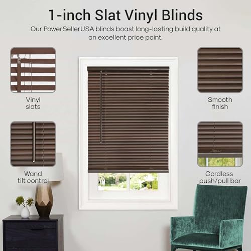 PowerSellerUSA 1\" Vinyl Slats Room Darkening Cordless Window Blinds, 64L x 23W Inches Manual Operation Mode Blackout Privacy Blind, Solid Pattern Ceiling-Outside Mount Pull-Up Mini Blinds, Mahogany - Thumbnail 3