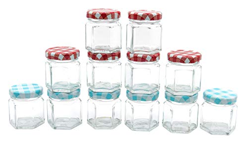 Image of Cute Hexagonal 50 ml Airtight Glass Jar Containers for Honey, Spices & Other Kitchen Items with Rust Proof Redcheck & Tarquiose Color Caps -Set of 12