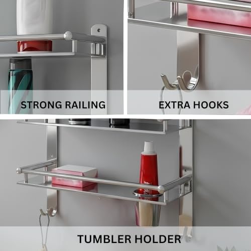 Image of GLOXY Premium Stainless Steel 3 Tier Bathroom Organizer Shelf Combo Pack of 2 - Wall Mount 3 Layer Shelf with Toothbrush & Soap Holder - Chrome Finish Bathroom Shelf with Multipurpose Hooks