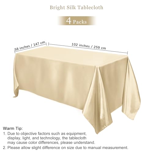 Image of TURSTIN 4 Packs Champagne Satin Tablecloth 102 x 58 Inch Overlay Satin Table Cover Rectangle Bright Silk Tablecloth Smooth Fabric Table Decoration for Wedding Banquet Party Events