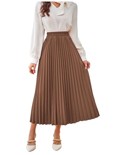 SweatyRocks Women's Casual Solid Longline Pleated Long Skirt Brown X-Small