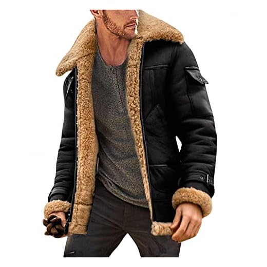 PHSHY Mens Faux Fur Jacket Sherpa Lined Fleece Shearling Coat Warm Military Cargo Trucker Aviator Bomber Jacket Outwear, 01-black