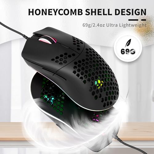 Wired Gaming Mouse, 6 RGB Lighting 6400 DPI Programmable USB Gaming Mice with 6 Buttons, Honeycomb Shell Ergonomic Design for PC Gamers and Xbox and PS4 Users -Black – Image 3