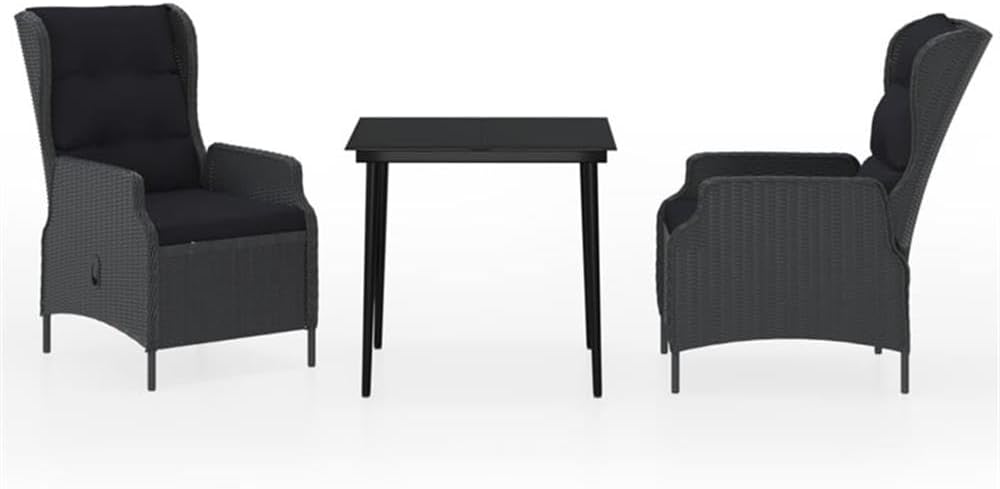 BOWERY HILL 3-Piece Powder-Coated Steel Garden Dining Set, Dark Gray Finish, Compact Size with Glass Tabletop and Reclining Chairs, Outdoor Patio or Balcony Furniture for 2
