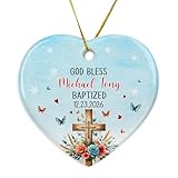 Keramik-Andenken mit Aufschrift 'God Bless', Geschenk für Patenkind, personalisiertes Taufkreuz, Weihnachten, Babytaufe, Weihnachtsdekoration, Baumbehang, personalisierter Name und Datum, getaufte