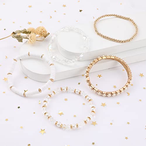 Makersland White Bracelets, Clay Beaded Crystal White Bracelet Set, 5Pcs Strand Stretch White Bracelet Jewelry For Women #TOP3