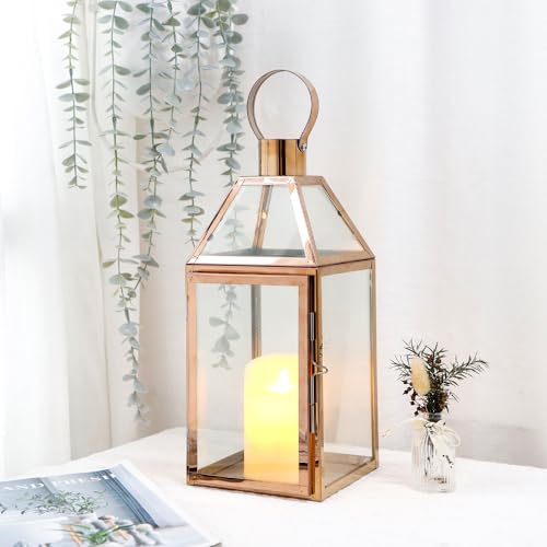 Miniatura 6 de Linternas Decorativas De Oro Rosa De Jhy Design Linternas De Vela De Acero Inoxidable De 34 Cm De Alto Con Vidrio Templado. Para Interiores Al Aire Libre, Eventos, Fiestas Y Bodas