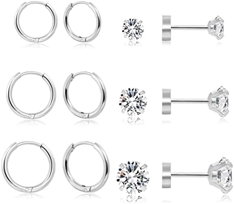 Dainty 6 Pairs Earrings Sets for Multiple Piercing, Lightweight Silver Small Huggie Hoop Earrings, Flat Back Tiny Cubic Zirconia Stud Earrings Surgical Stainless Steel for Cartilage, Helix, Lobe, Hypoallergenic (Silver- Huggie Hoops and CZ Studs)