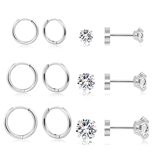 Dainty 6 Pairs Earrings Sets for Multiple Piercing, Lightweight Silver Small Huggie Hoop Earrings, Flat Back Tiny Cubic Zirconia Stud Earrings Surgical Stainless Steel for Cartilage, Helix, Lobe, Hypoallergenic (Silver- Huggie Hoops and CZ Studs)
