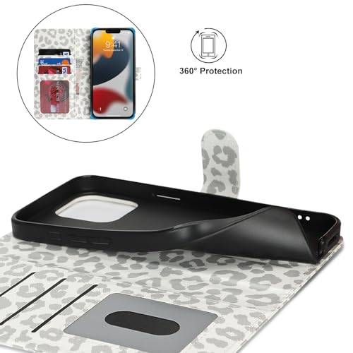 Image of for iPhone 13 Pro Case Wallet with Card Holder,for iPhone 13 Pro Wallet Case for Women Men,PU Leather Shockproof Magnetic Buckle Stand Flip Phone Case-White Leopard