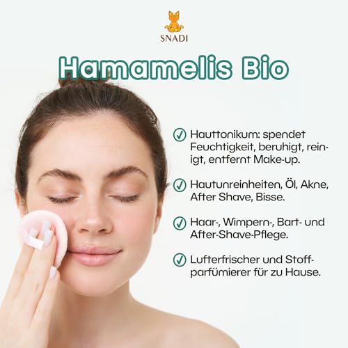 Snadi - 250 ml - Hamameliswasser - BIO. Hamamelishydrolat behandelt Krampfadern und wirkt als heilendes, entzündungshemmendes und feuchtigkeitsspendendes Mittel für die Haut.