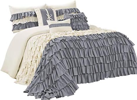 BEDnLINENS 7 Piece Comforter Set - Gray and Ivory Microfiber Several Ruffles-BRISE Bed in A Bag Queen Size-Soft, Fade Resistant-1 Comforter,2 Shams,3 Decorative Pillows,1 Bedskirt
