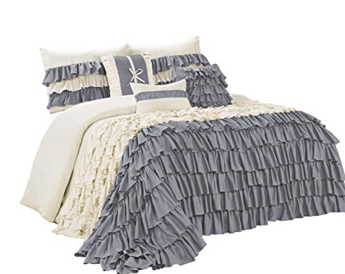 Bednlinens 7 Piece Comforter Set - Gray And Ivory Microfiber Several Ruffles-Brise Bed In A Bag Queen Size-Soft, Fade Resistant-1 Comforter,2 Shams,3 Decorative Pillows,1 Bedskirt #TOP1