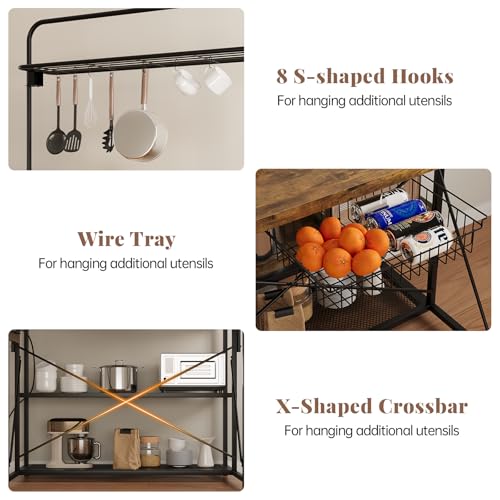 47” Kitchen Island with Storage, Large Bakers Rack with Power Outlet Microwave Oven Stand W/ 3-Tier Shelves & 8 Hooks for Pantry Organization, Metal Coffee Bar Table for Dining Room, Vintage Brown - Thumbnail 6