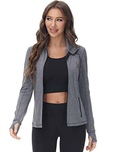 Cozziplus Women Zip Up Athletic Running Jacket Lightweight Workout Yoga Top With Thumb Holes And Pocket (Deep Grey, S) #TOP1