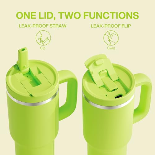 Image of ENCOOL 40 oz Tumbler with Handle and Straw: Stainless Steel Insulated Tumbler Keeps Cold for 24 Hours, Leakproof Travel Cup Fits in Cup Holder and BPA-Free,Sharp Green