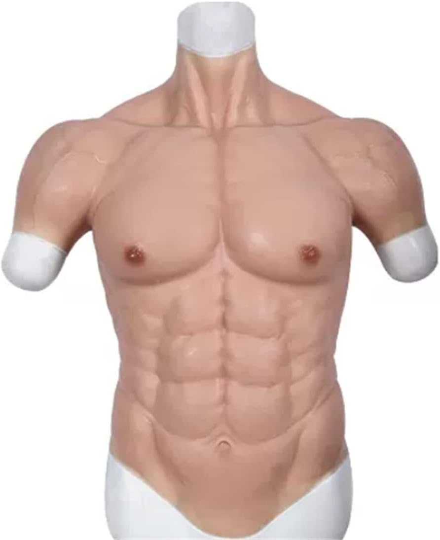 High Neckline Silicone Muscle Chest, Silicone Muscle Suit Fake Muscle Realistic Fake Chest Costume(Tan,Upgrade)