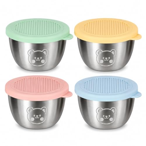 Image of Small Round Stainless Steel Food Storage Containers with Silicone Lids Kitchen Bowls for Portions Ketchup Chutney Sauces Dips Spices Dry Fruits Baby Food Refrigerator Freezer Safe-50ml (4)