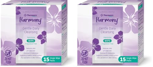 Image of Theraworx Harmony Gentle Daily Cleansing Feminine Wipes Fragrance Free, Reduces Odor, Individually Wrapped, Travel Size - 15 Count (Pack of 2)