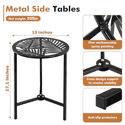 2 Packs 13" Metal Outdoor Side Tables Small Black Outside End Table for Patio Round Accent Corner Stand for Small Spaces Weather-Resistant Coffee Table for Balcony Porch Plant Stand, Pinna Form Leaf by Party Zealot - Used condition - Image 2