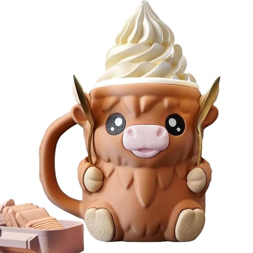Highland Cow Ice Cream Holder, Ice Cream Pint Holder, Cow ICES Creams Pintss Holders with Handle&Spoon, Insulated Reusable Pints ICES Creams Pints Holder for Gifts (Brown)