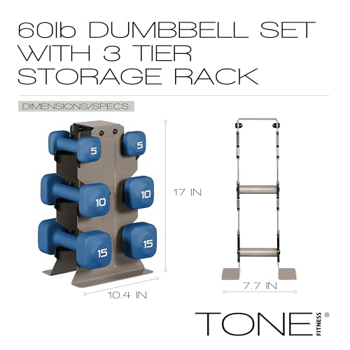 Image of Tone Fitness Neoprene Dumbbell Set with Storage Rack - Non-Slip, Anti-Roll Hand Weights for Home Gym Workouts | 20 lb, 32 lb, 50 lb, 60 lb & 100 lb Options