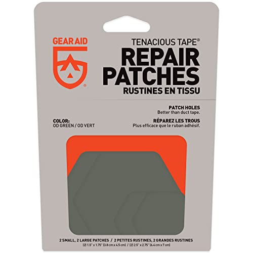 Image of GEAR AID Tenacious Tape Repair Patches for Jackets, Tents and Outdoor Gear, OD Green, 2.5 inch and 1.5 inch Hex Shape, 4 Patches