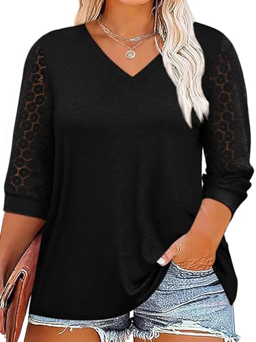 Chulianyouhuo Plus Size Tops for Women 3/4 Lace Sleeve V Neck Tee Shirt Summer Casual Loose Fit Tunic Blouse 2025
